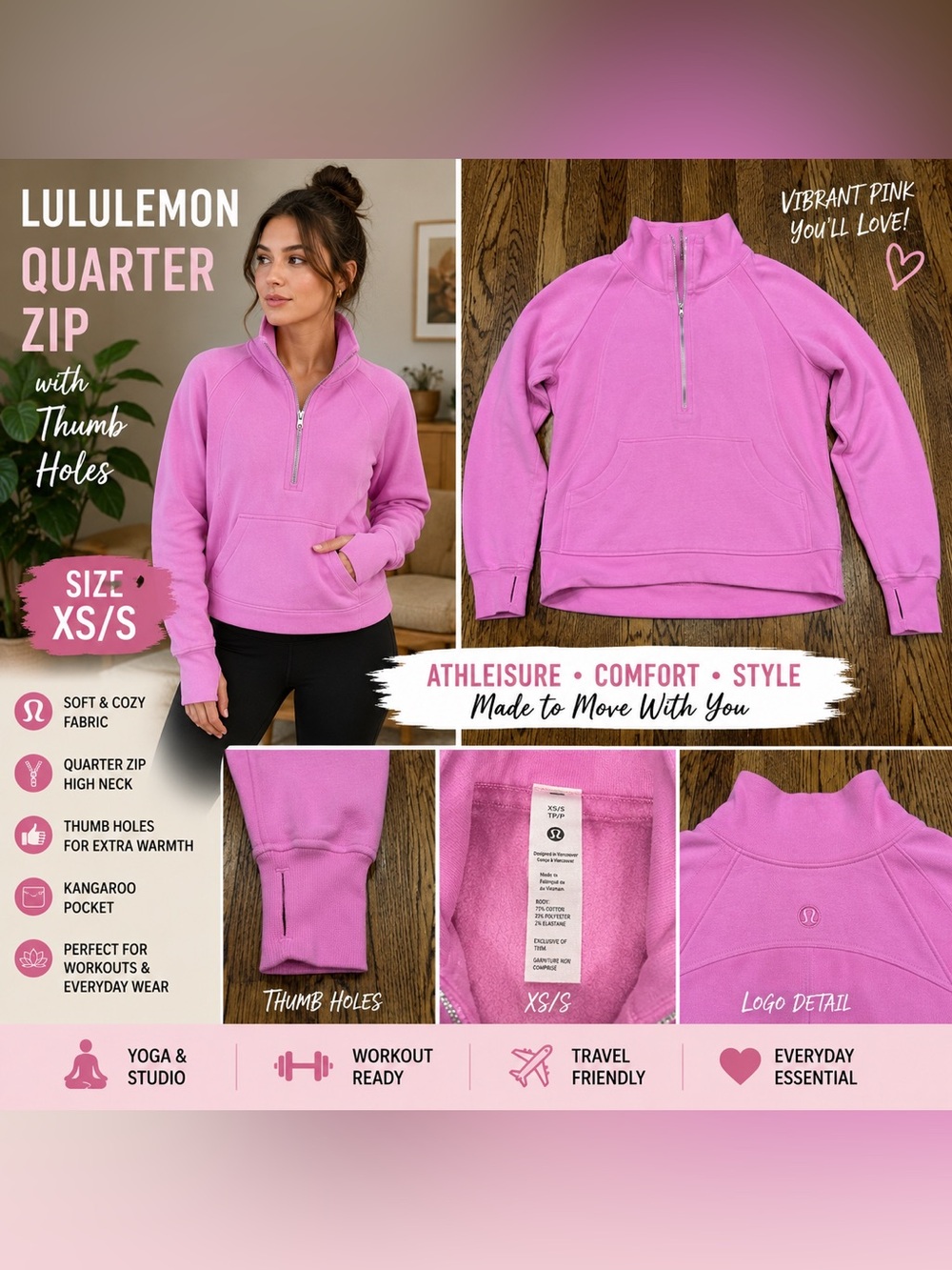 Lululemon Pink Quarter Zip Pullover Sweatshirt Thumbholes XS/S